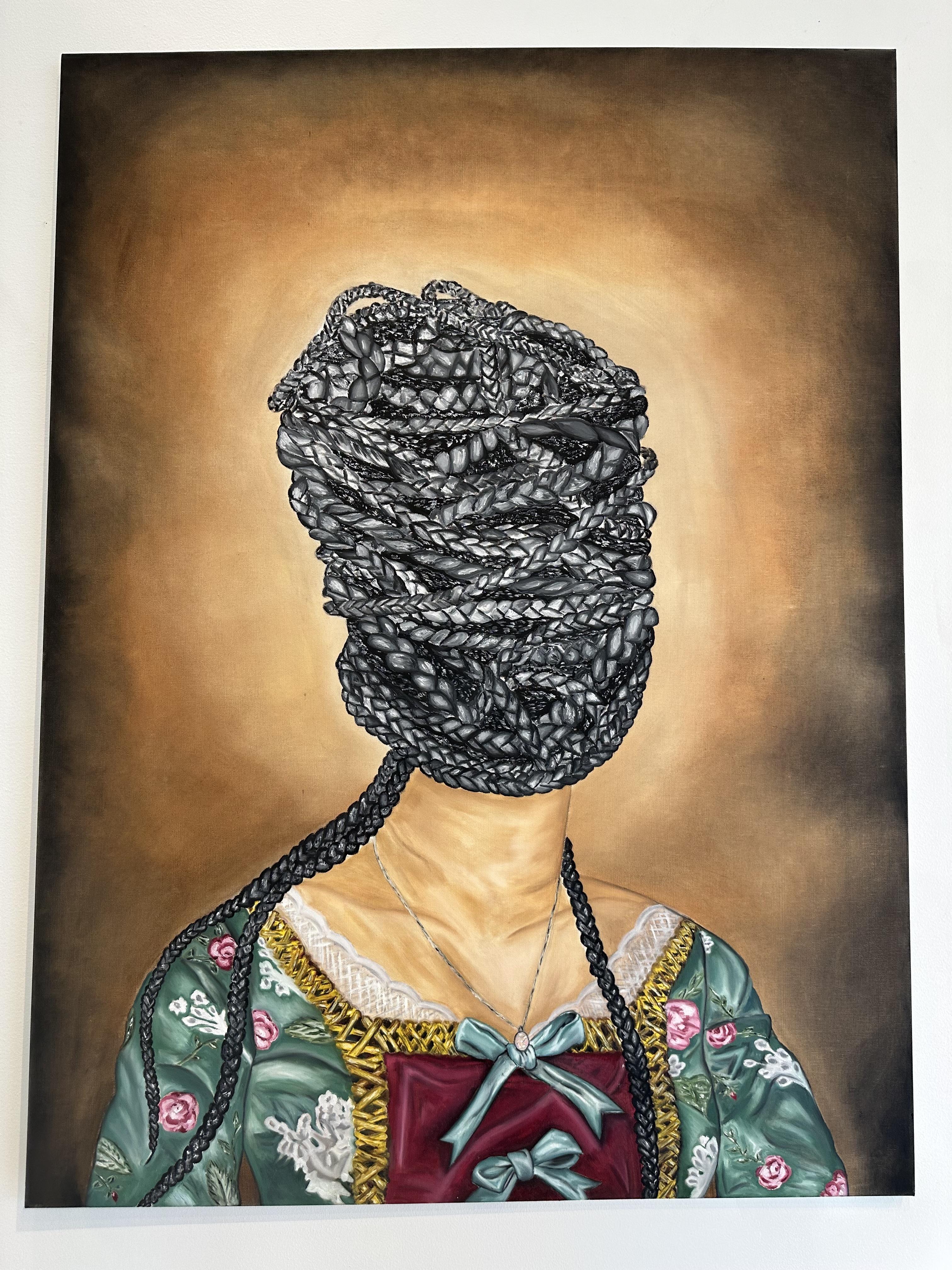 一幅画，画一个女人用辫子盖住她的头