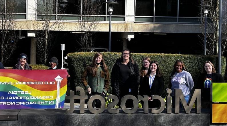 A group of ODU students stand behind the Microsoft sign at their headquarters in Seattle.
